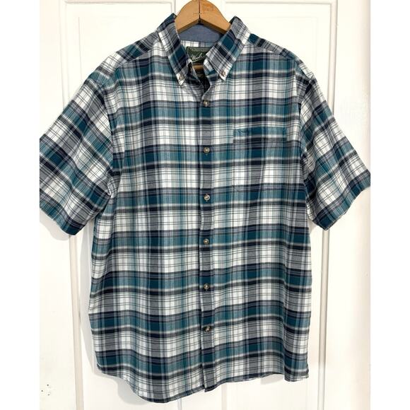 Woolrich Wollen Mills Shirt Mens L Blue Plaid Organic Cotton Short Sleeved Camp - Picture 1 of 4